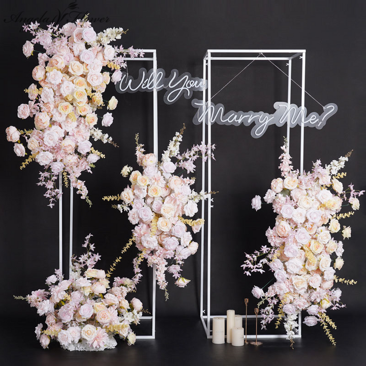 Pink Champagne Wedding Backdrop Frame Decor Rose Delphinium Peach Blossom Hang Flower Row Arrangement Event Floor Floral