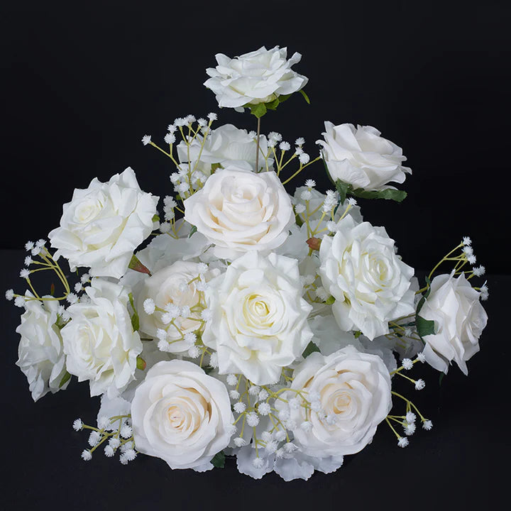 Wedding Reception Decor White Table Flower Event Gold Stand Rose Baby's Breath Orchid Cherry Blossom Arrangement Floral