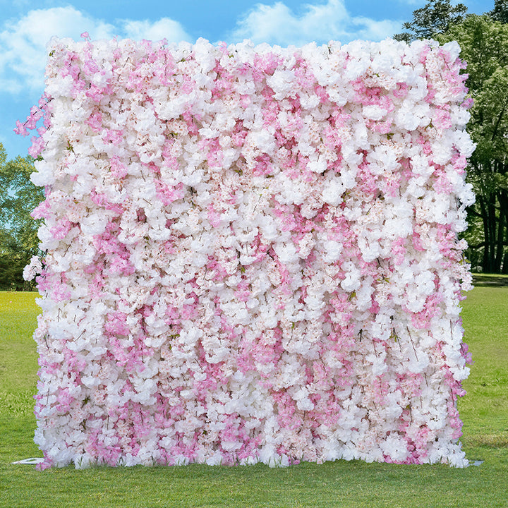 White Pink Cherry Blossom Floral 5D Roll Up Cloth Flower Wall Outdoor Wedding Backdrop Decor Props