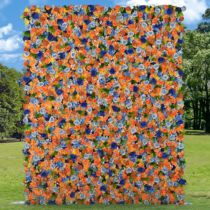 Orange Blue Rose Babysbreath Rolling Up 5D Cloth Curtain Flower Wall Wedding Backdrop Props