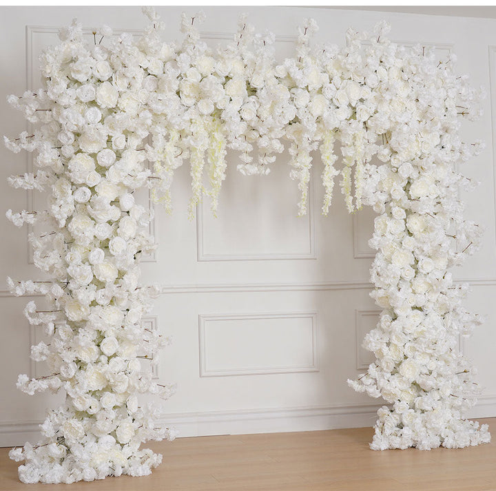 Luxury White Wedding Arch Backdrop Flower Stand Cherry Blossom Rose Hanging Wisteria Floral Arrangement