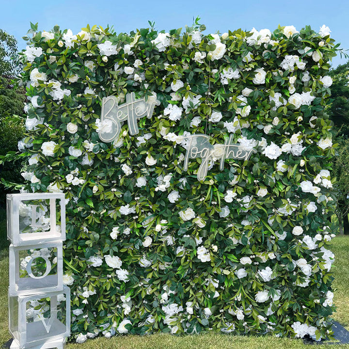 Green Real Touch Leave White Rose Hydrangea Rolling Up Cloth Artificial Floral Wall Wedding Garden Decoration outdoor Fabric Flower Wall Arrangement