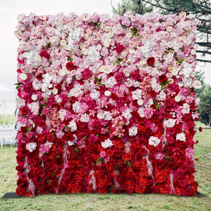 5D Gradient Red Pink Fabric Cloth Floral Wall Rose Palm Orchid Flower Arrangement Banquet Wedding Backdrop Decor