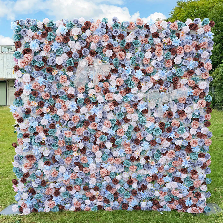 Blue Brown Rose Roll Up Cloth Curtain Flower Wall Arrangement Wedding Backdrop Decor Prop