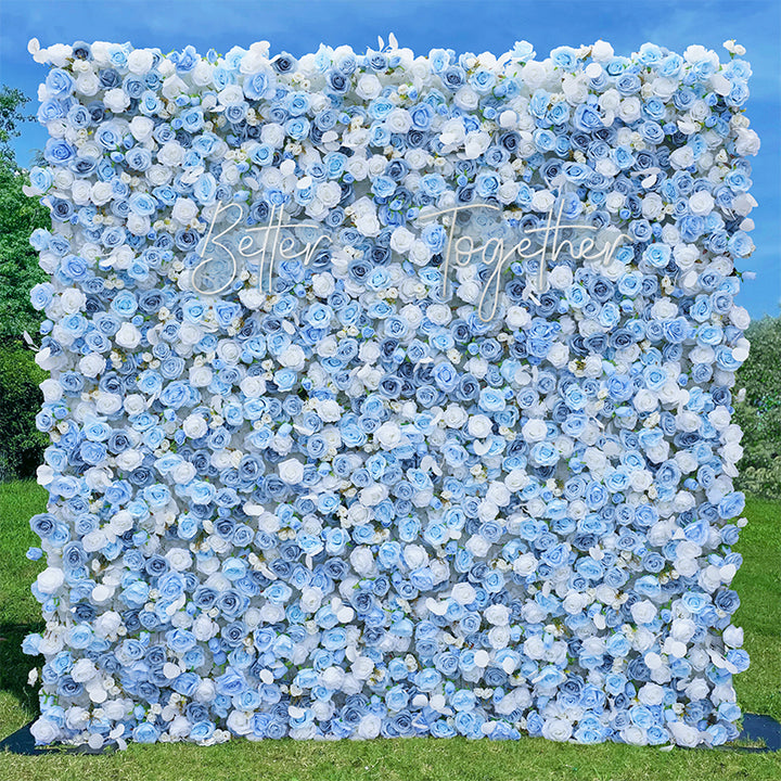 5D Blue White Rose Rolling Up Cloth Curtain Flower Wall Wedding Backdrop Decor Fabric Milan Turf Plants Wall Party Prop