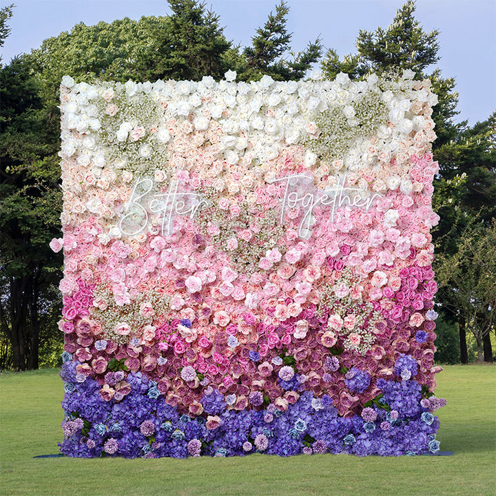 Luxury Gradient Colorful Rose Hydrangea Babysbreath 5D Cloth Flower Wall Wedding Backdrop Wall