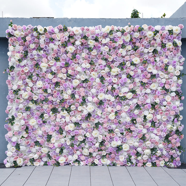 Purple White Pink Rose Green Eucalyptus Leaf Flower Wall Wedding Backdrop Decor 5D Rolling Up Curtain Cloth Flower Wall