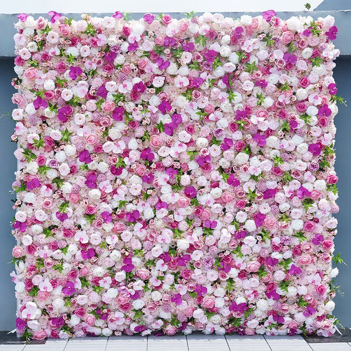 Pink Rose Purple Orchid Rose 5D Cloth Flower Wall Wedding Backdrop Green Leaf Fabric Floral Wall Window Display