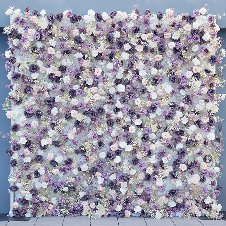 5D White Purple Rose Babysbreath Outdoor Wedding Backdrop Decor Cloth Curtain Roll Up Flower Wall Arrangement