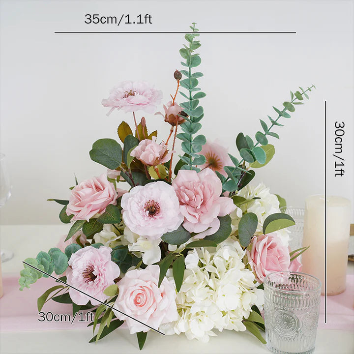 Pink Rose Eucalyptus Willow Leaf Table Centerpiece Flower Arrangement Floral Event Acrylic Stand Wedding Reception Decor