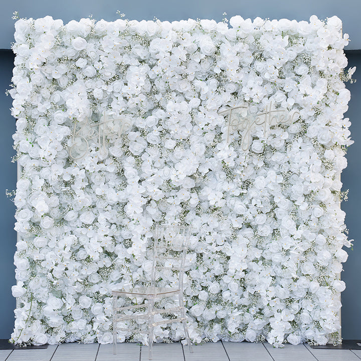 Pure White Rose Orchid Babysbreath Flower Wall Wedding Backdrop Rolling Up Curtain Cloth Flower Wall