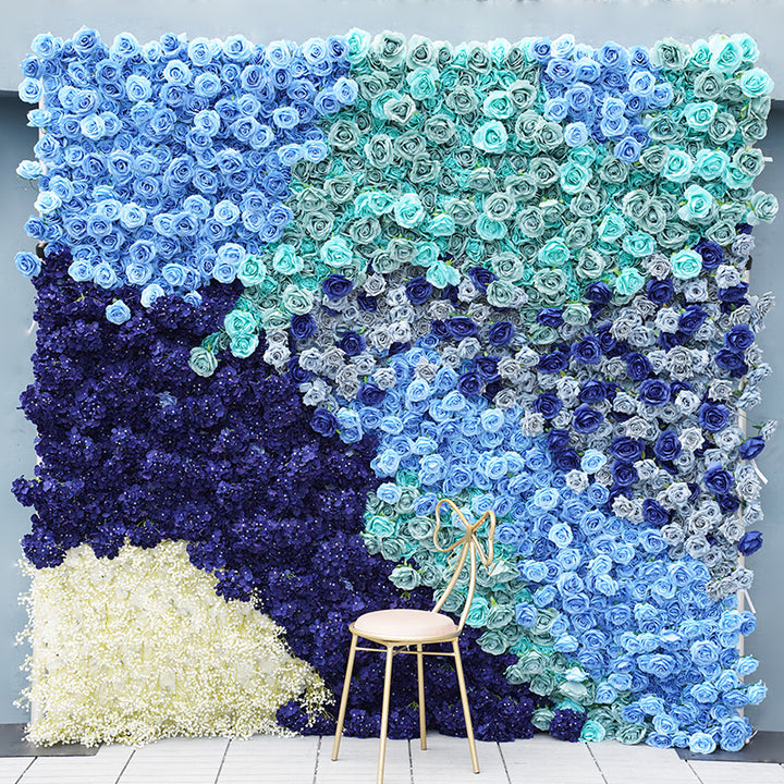 Blue Rose Hydrangea Gradient Rolling Up Fabric Curtain Flower Wall Wedding Backdrop Decor Arrangement