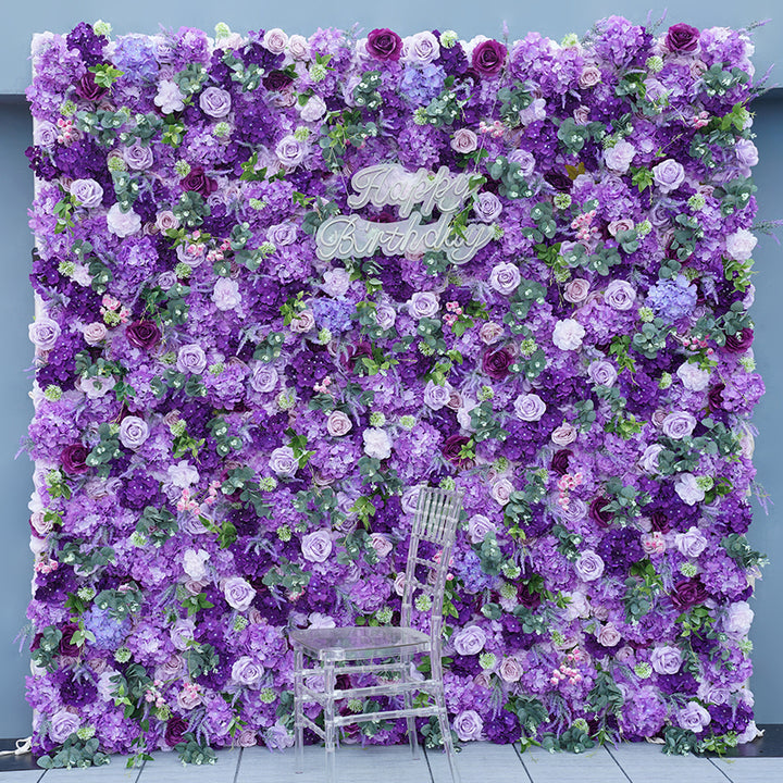 5D Dark Purple Hydrangea Peony Rose Wedding Backdrop Decor Cloth Rolling Up Flower Wall Arrangement