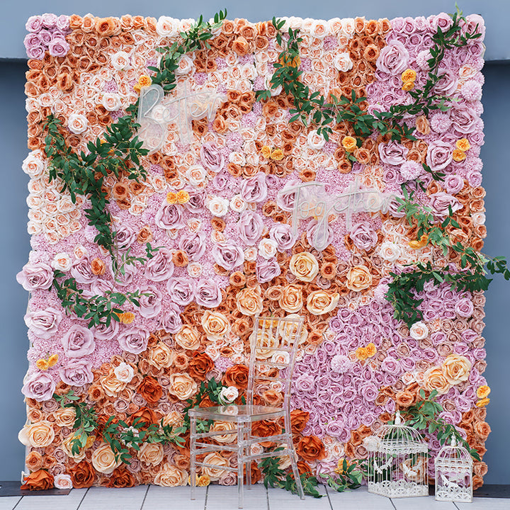 5D Orange Purple Rose Dandelion Green Leaf Wedding Backdrop Decor Cloth Rolling Up Flower Wall Arrangement Window Display