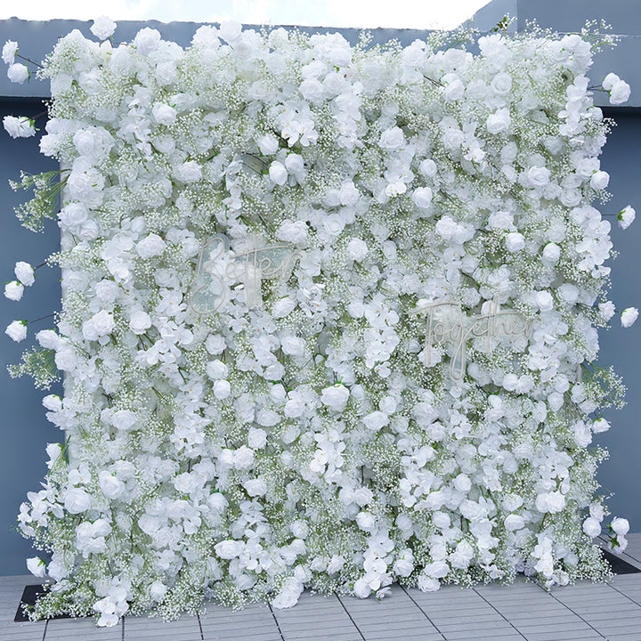 White Gypsophila Orchid Rose Curtain Flower Wall Wedding Backdrop Decor 5D Rolling Up Cloth Floral Wall Arrangement