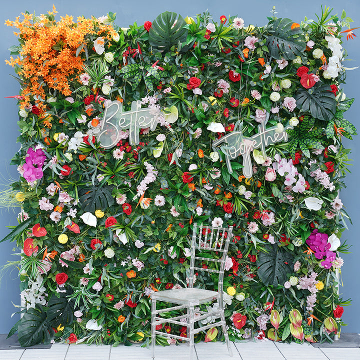 Mori Green Plants Leaf Colorful Flower Rolling Up Cloth Artificial Floral Wall Wedding Garden Decoration Outdoor Fabric Flower Wall Arrangement