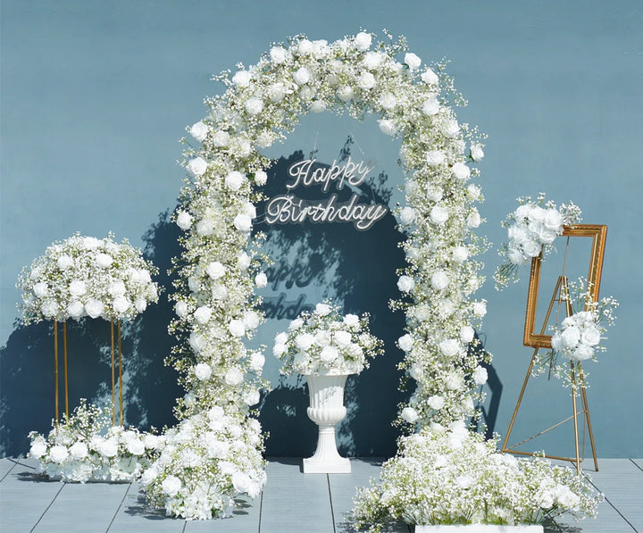 Luxury White Rose Babysbreath Wedding 5D Floral Runner Arrangement Event Table Centerpieces Ball Fabric Gypsophila Flower Wall