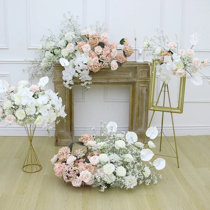 Pink White Rose Babysbreath Palm Aisle Floor Flower Wedding Backdrop Arch Decor Hang Floral Row Table Centerpieces Ball