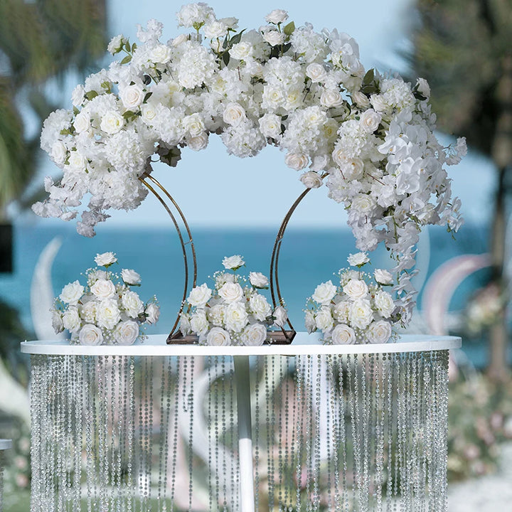 Wedding Reception Decor White Table Flower Event Gold Stand Rose Baby's Breath Orchid Cherry Blossom Arrangement Floral