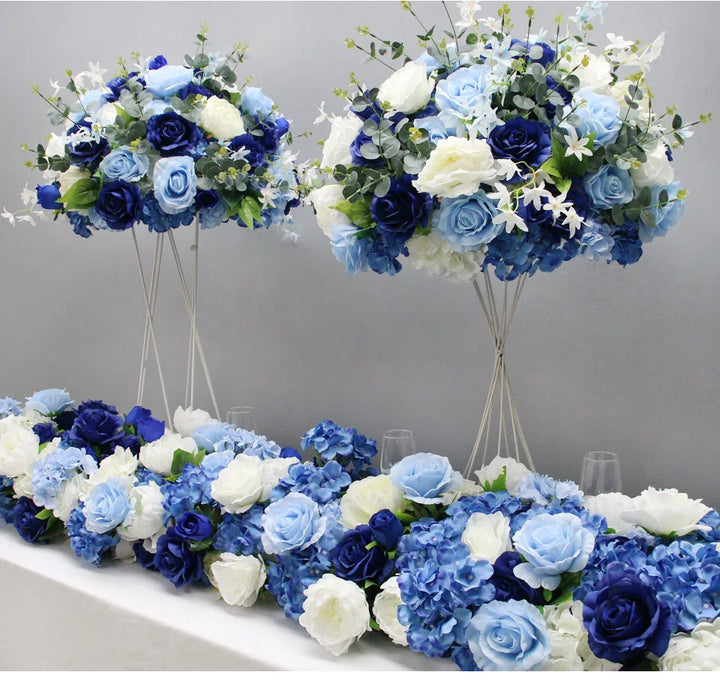 Artificial Flower Row Table Runner, Wedding Backdrop, Floral Ball, Royal Blue, White Peony, Hydrangea, Centerpiece Decor, Party