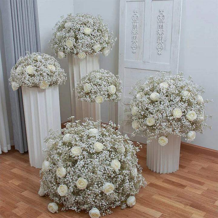 40/50/60/70/80cm White Baby Breath Rose Artificial Flower Ball Wedding Table Centerpiece Deco Gypsophila Floral Event Party Prop