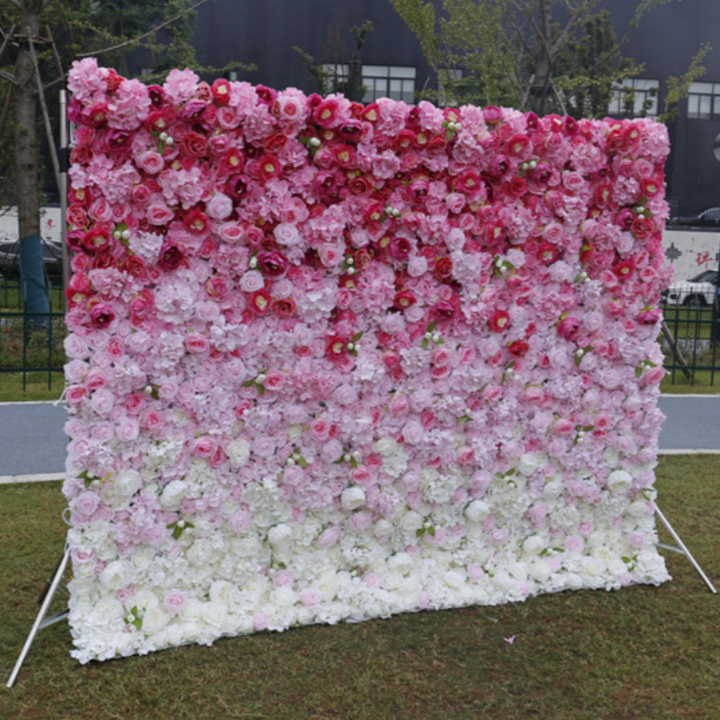 Flower Wall Gradient Rose Red Fabric Rolling Up Curtain Floral Backdrop Wedding Party Proposal Decor